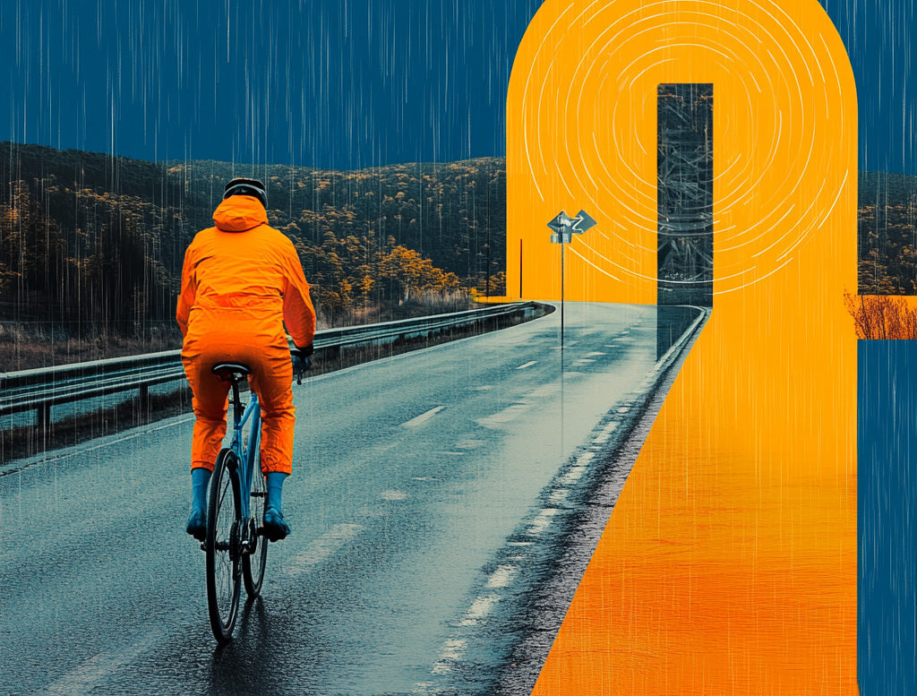 Cyclist in bright reflective gear riding on a rainy road, with a graphic design element emphasizing direction and safety