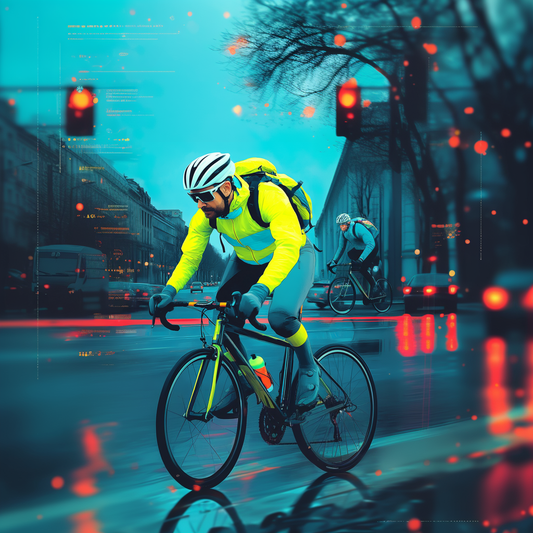 Urban cyclist in high-visibility reflective gear rides through a rainy city street at dusk, emphasizing safety and visibility in low-light conditions."