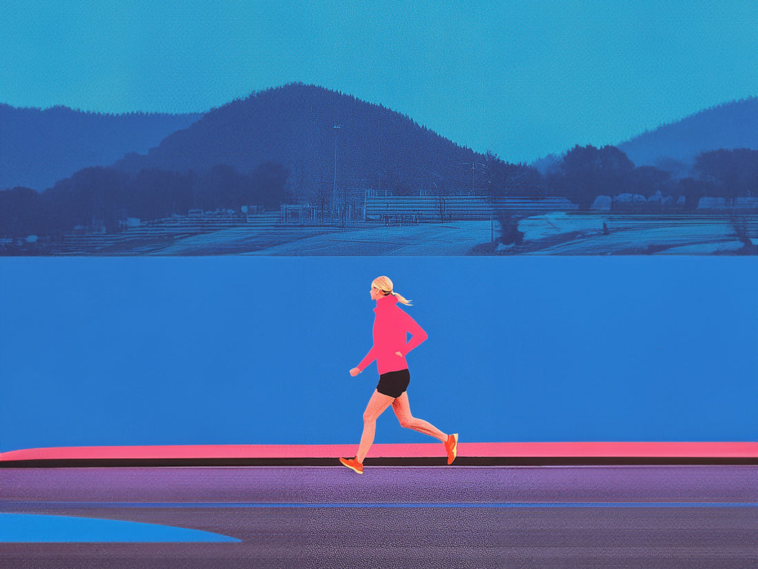 Runner in pink gear jogging against a blue mountain backdrop