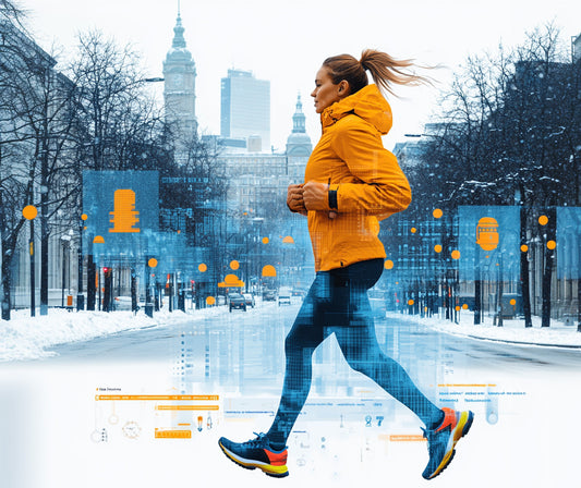 Woman running in a snowy urban environment, wearing a bright reflective jacket, emphasizing winter running safety and visibility