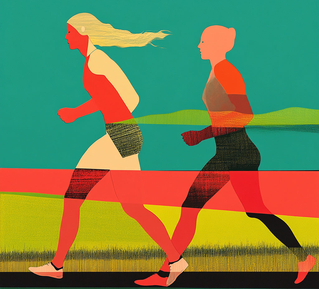 Abstract illustration of two runners in motion, with vibrant colors and dynamic shapes, emphasizing fitness and movement