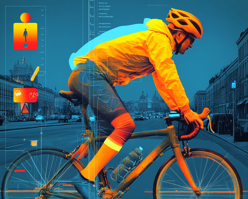 Cyclist in reflective gear riding through a city, with technical infographic elements highlighting safety and cycling data