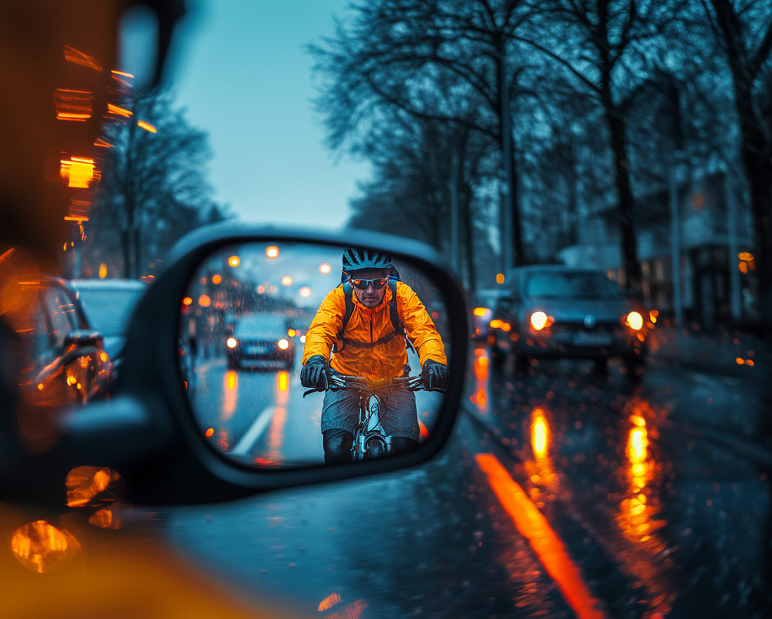 Reflection of a cyclist wearing a bright jacket in a car’s side mirror during a rainy evening, highlighting visibility and safety in traffic