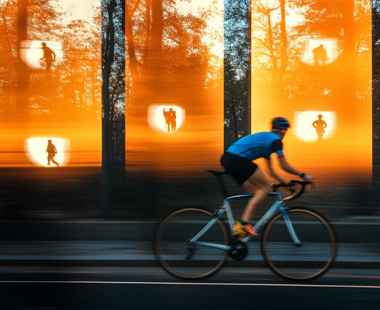 Cyclist riding through a forest at sunset, with blurred figures in the background, creating a dynamic sense of motion and visibility