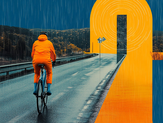 Cyclist in bright reflective gear riding on a rainy road, with a graphic design element emphasizing direction and safety