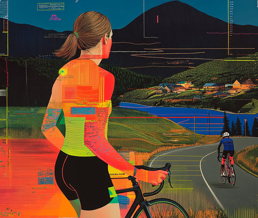 Cyclist in reflective gear overlooking a scenic countryside, with vibrant colors and geometric overlays highlighting outdoor adventure and cycling