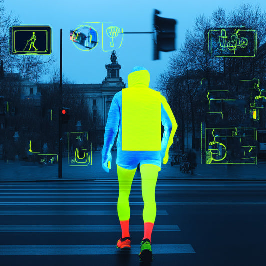 Person wearing bright reflective gear crossing a street at dusk, highlighting pedestrian visibility and safety in an urban environment