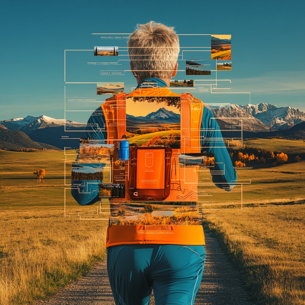 Runner wearing reflective gear on a scenic trail with mountains in the background, showcasing outdoor adventure and safety