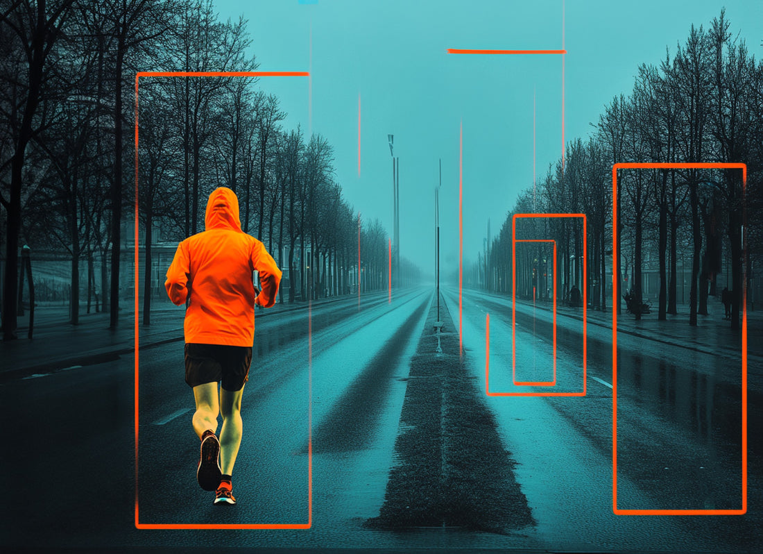 Runner wearing a bright reflective jacket on an empty, foggy road, emphasizing visibility in low-light conditions