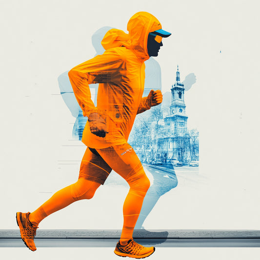 Runner wearing bright orange reflective jacket in urban city environment, highlighting hi-vis activewear for cyclists and runners, perfect for visibility and safety in low-light conditions