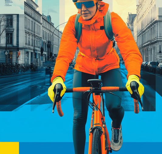 Woman cyclist wearing bright reflective gear, riding through a city for visibility and safety